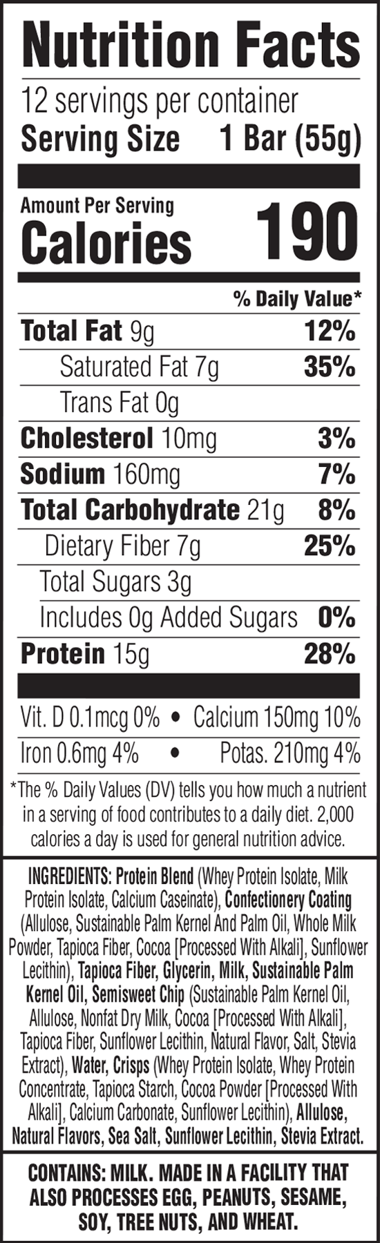 Nutrition facts label for a protein bar with serving size, calories, and nutritional content details.