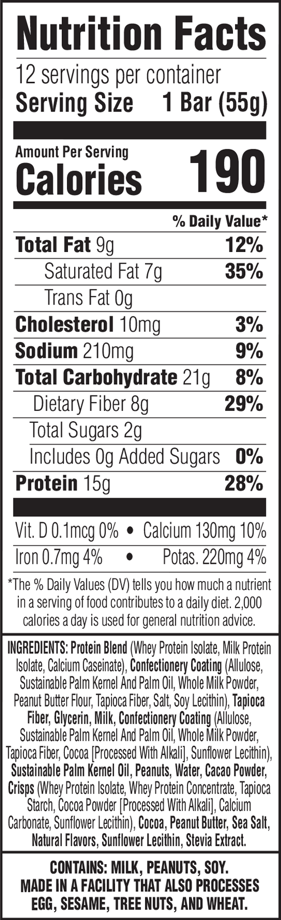 Nutrition label for a protein bar with serving size, calories, and nutritional information.