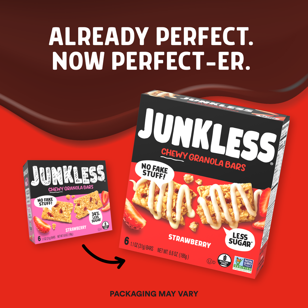 Junkless Chewy Granola Bars packaging on a red background with text 'Already Perfect. Now Perfect-er.'