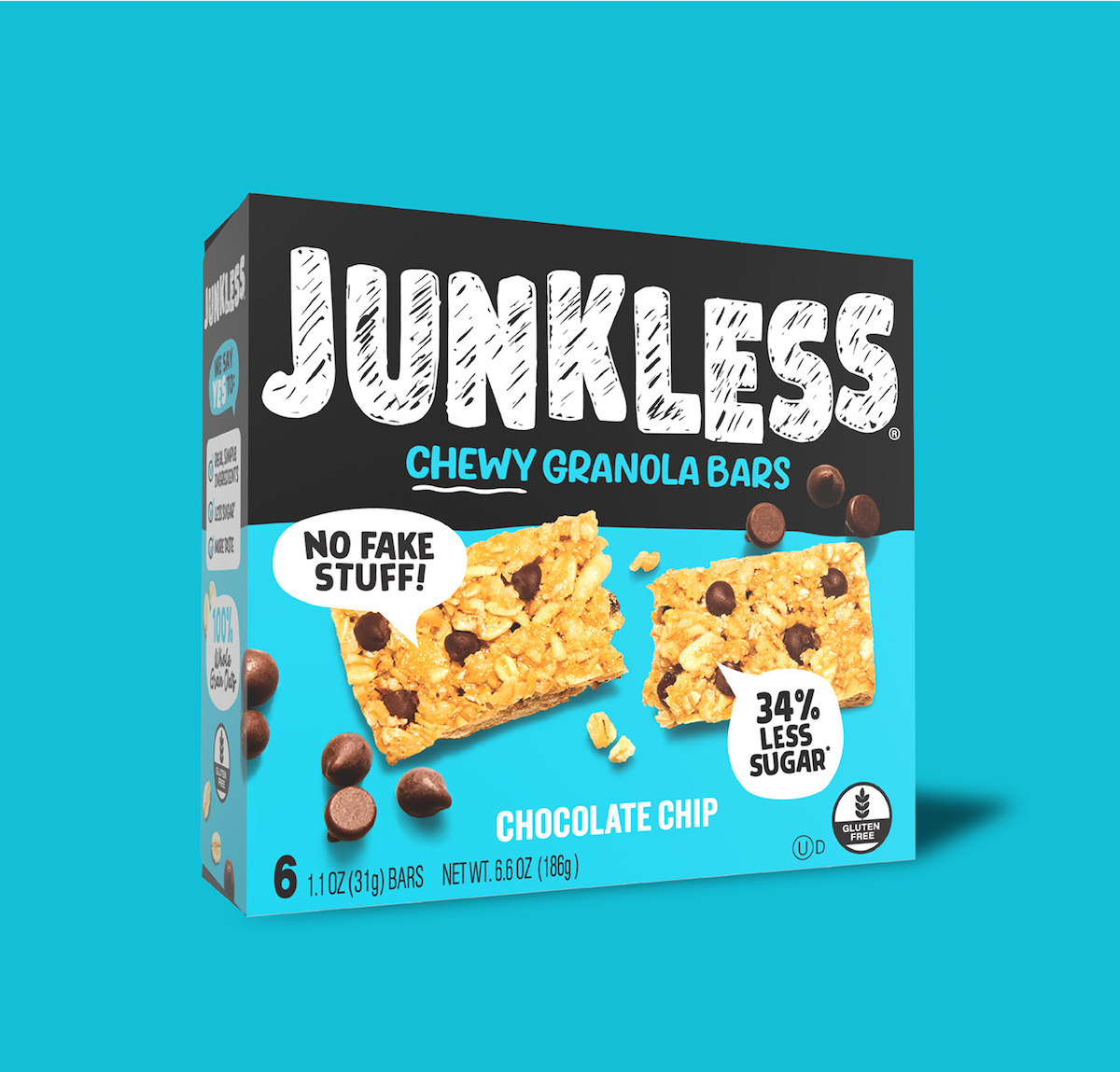 Box of Junkless Chocolate Chip Chewy Granola Bars with a blue background