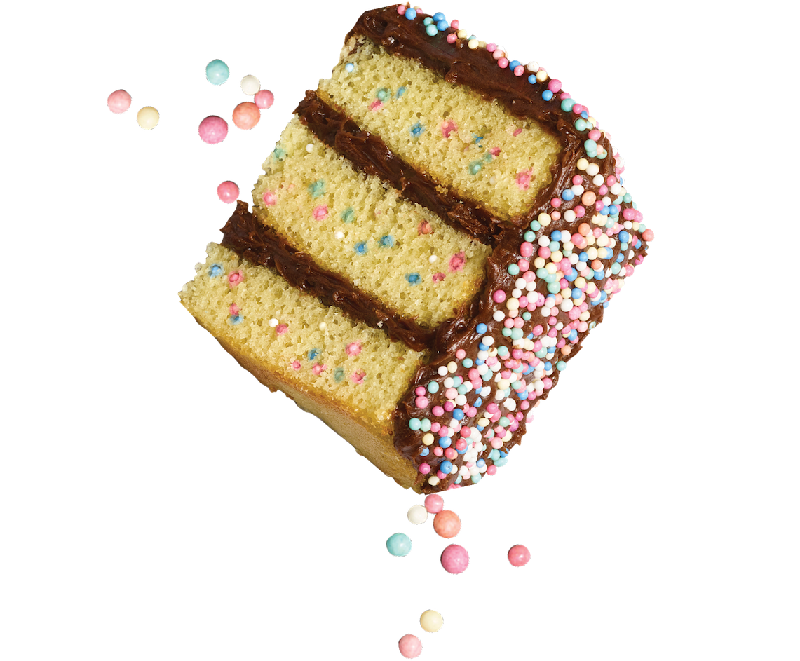 Slice of cake with chocolate frosting and colorful sprinkles on a white background