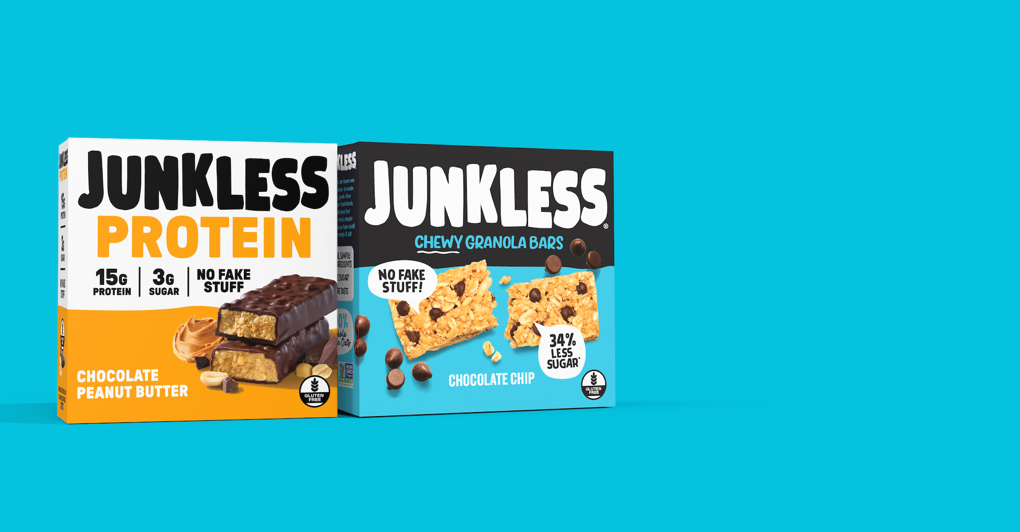 Two boxes of Junkless Protein bars and Junkless Chewy Granola Bars on a blue background