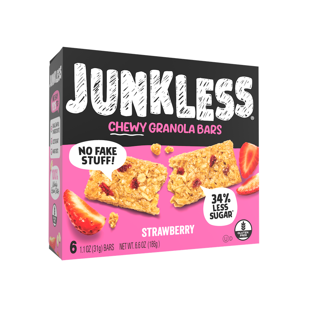 Box of Junkless Strawberry Chewy Granola Bars on a white background